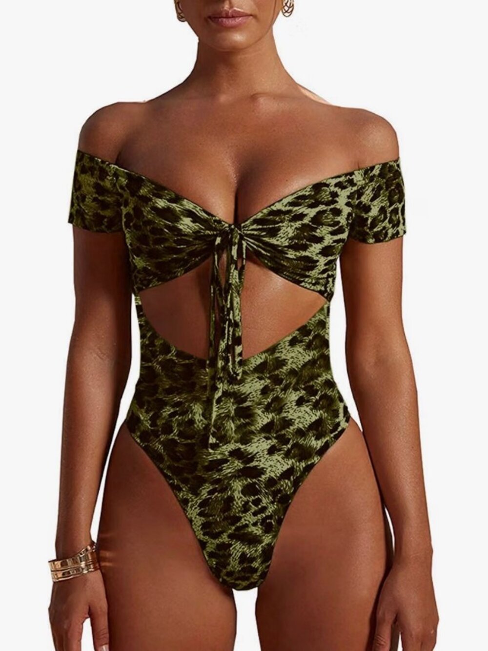 Ashuai Green Leopard Off-Shoulder Cutout One-Piece Swimsuit